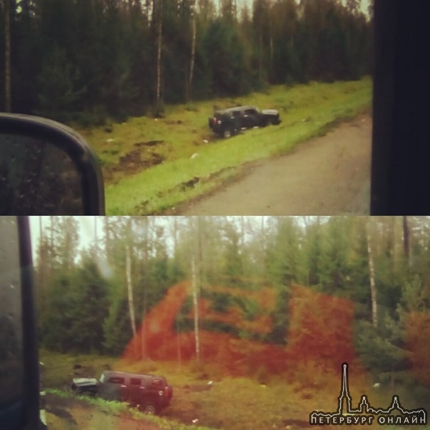 Хаммер сьехал в кювет на Объездной дороге Тосно,водитель впоряде,эвакуатор работает