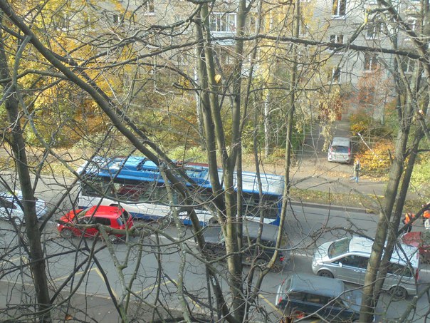 Институтский проспект,у перекрестка с Новороссийской, у троллейбуса отвалился "рог" и упал на Renault С...