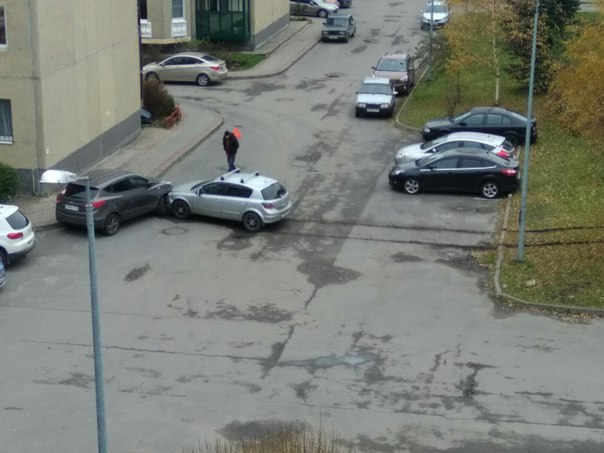 В Пушкине на Красносельском шоссе, во дворе Астра забодала припаркованный Hyundai. Следы идут с газон...