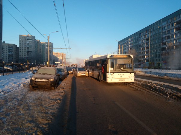 Solaris прижался к автобусу на проспекте Просвещения напротив дома 15, за ними автомобилисты ждут оф...