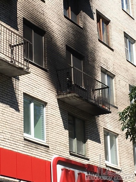 Брошенный сверху хабарик устроил пожар на балконе дома 43 по проспекту Ветеранов, стена с окнами зак...