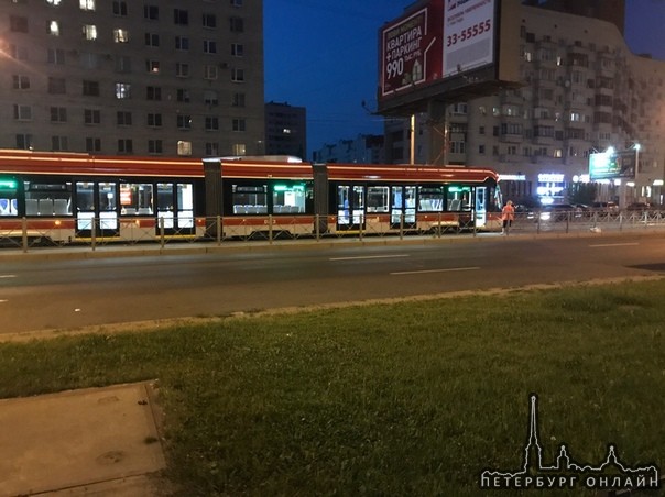 Встали трамваи от Светлановского проспекта в сторону метро Гражданский проспект, прямо у метро.