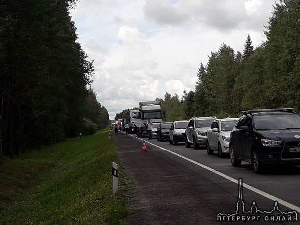 На шоссе Р-21 Кола у моста через реку Волхов в кювет улетел бензовоз, собиралась пробка.