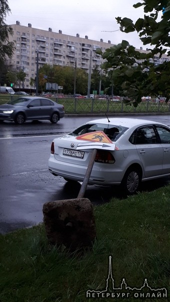 1) Шушары, Вишерская улица, знак прилёг на Peugeot! Минус стекло!