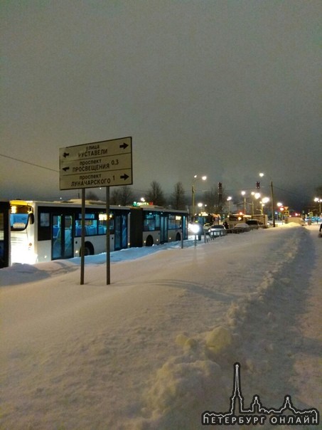 Вереницы из автобусов.Пересечение улиц Черкасова и Киришской. Снег застал Питер в расплох.