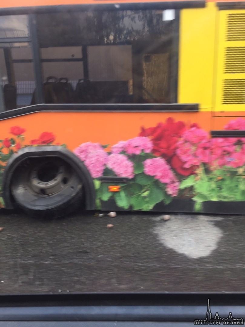 Колесо у автобуса приуныло в начале Рябовского шоссе, сразу после Ириновского,