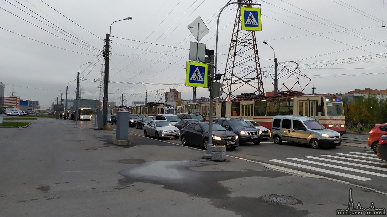 Влюбленные автобус и трамвай на перекрестке Оптиков и Гаккелевской породили небольшую пробку