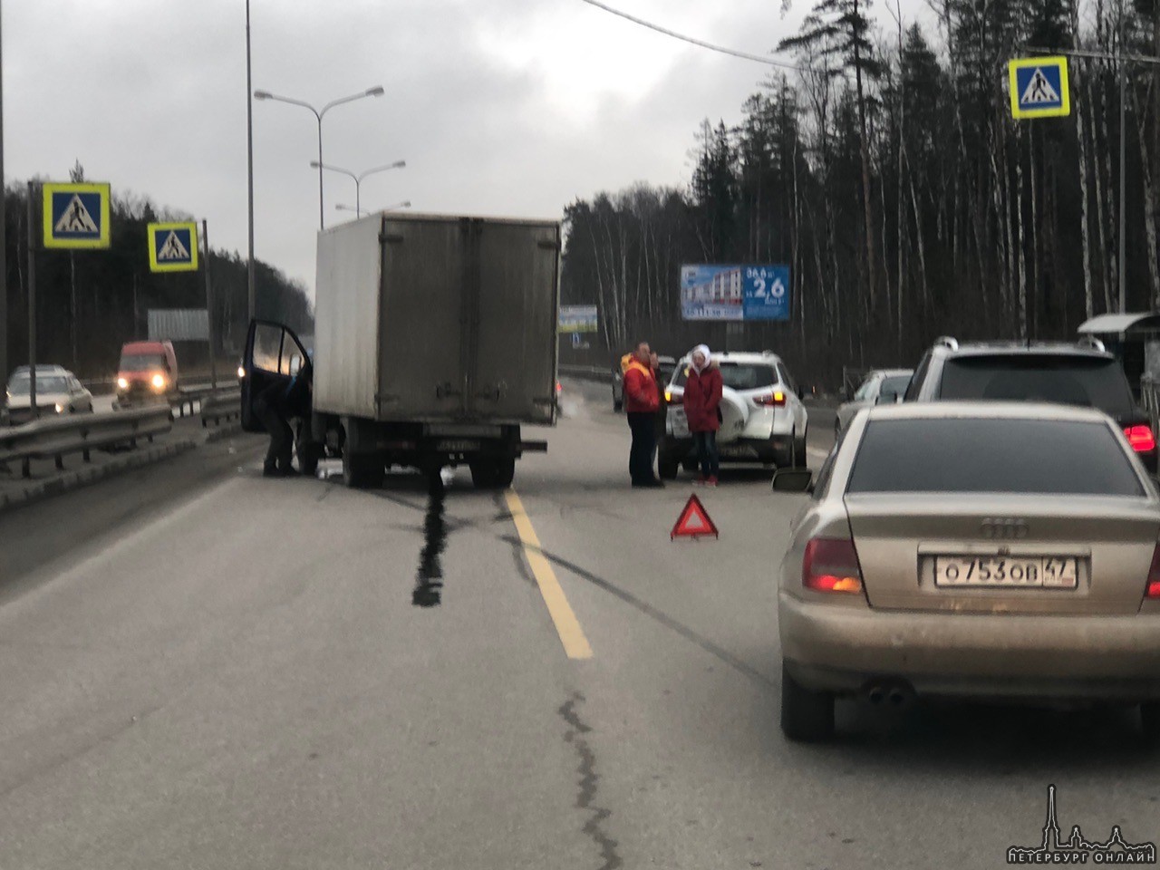 Газель влетела в зад белому кроссоверу от Косыгина к КАД после заправки Шелл, у пешеходного перехода...