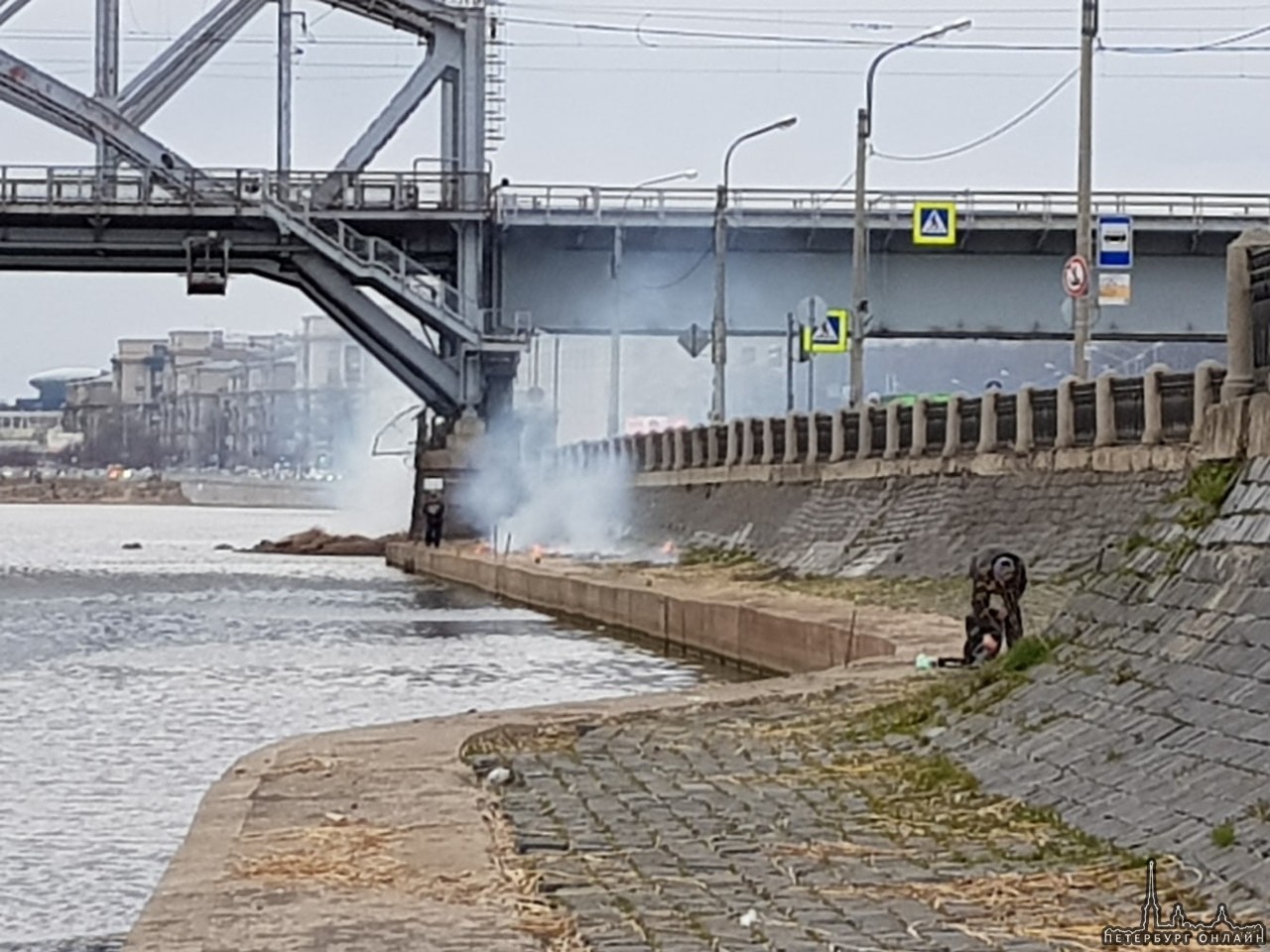 Кто-то поджег вынесенный на набережную сухой тростник у Финляндского моста. Рыбаки есть.