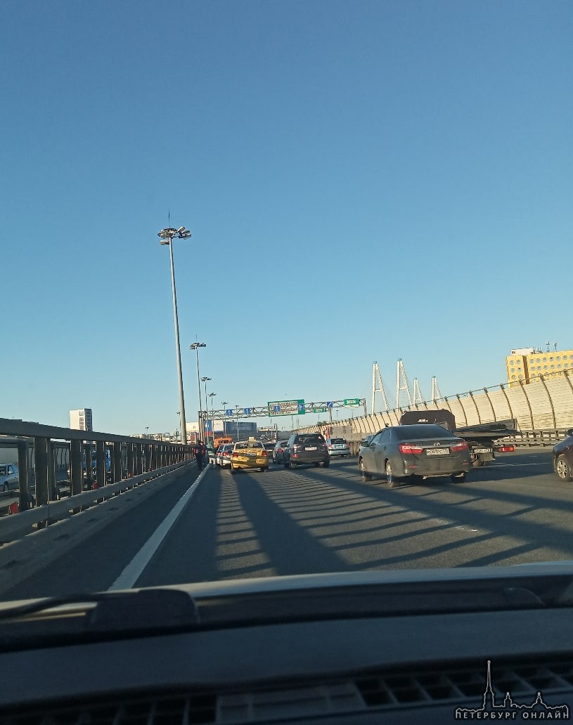 На внешней стороне КАД перед Обуховским мостом в левой полосе стоят три машинки. Желтое такси постав...